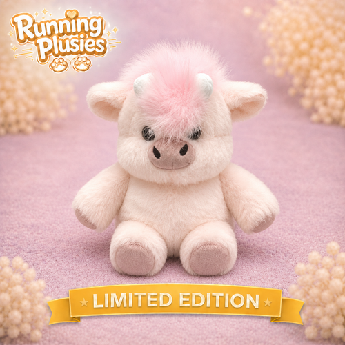 A plush toy cow from the brand Running Plusies, featuring fluffy cream-colored fur, a soft pink mane, and a pink snout, sitting on a pink textured surface with decorative floral elements in the corners and a 'LIMITED EDITION' banner at the bottom.