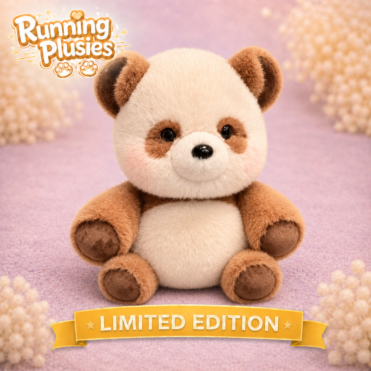 A plush panda toy from Running Plusies sits centered on a soft lavender surface with decorative floral props in the corners and a yellow banner reading LIMITED EDITION. The product is cream and brown with dark brown ears, paws, and feet, and small black eyes and nose.