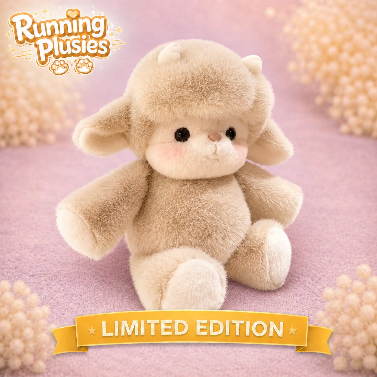 A beige plush lamb toy with a cute face, black eyes, and pink cheeks, sitting on a soft pink background with decorative floral elements. The 'Running Plusies' brand logo is in the top-left corner, and a yellow 'LIMITED EDITION' banner is at the bottom.