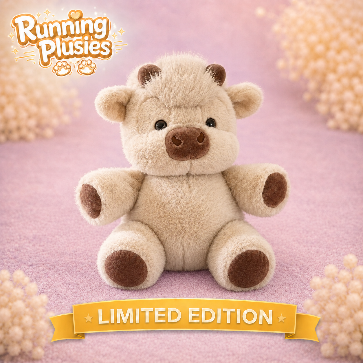 A plush toy cow from the brand Running Plusies, sitting on a pink textured surface with decorative floral props in the corners and a 'LIMITED EDITION' banner at the bottom.