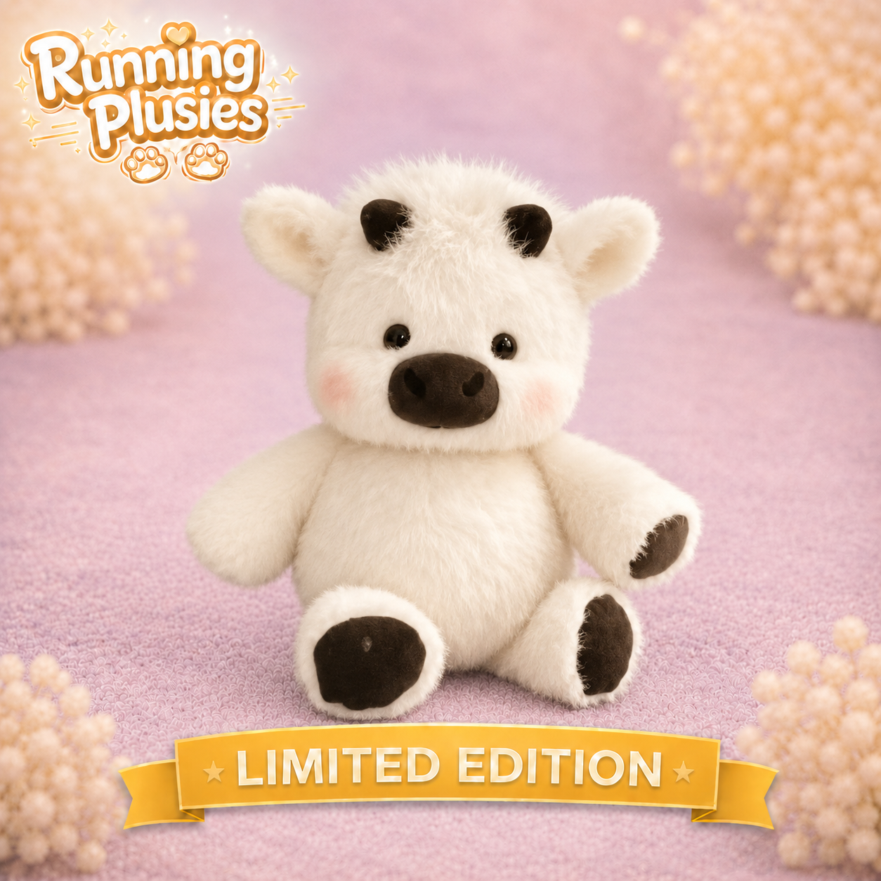 A small plush polar bear toy sits centered on a soft pink surface with decorative beige flower-like props around the edges. The toy is white with black ears, nose, eyes, and paw pads, plus pink cheeks.