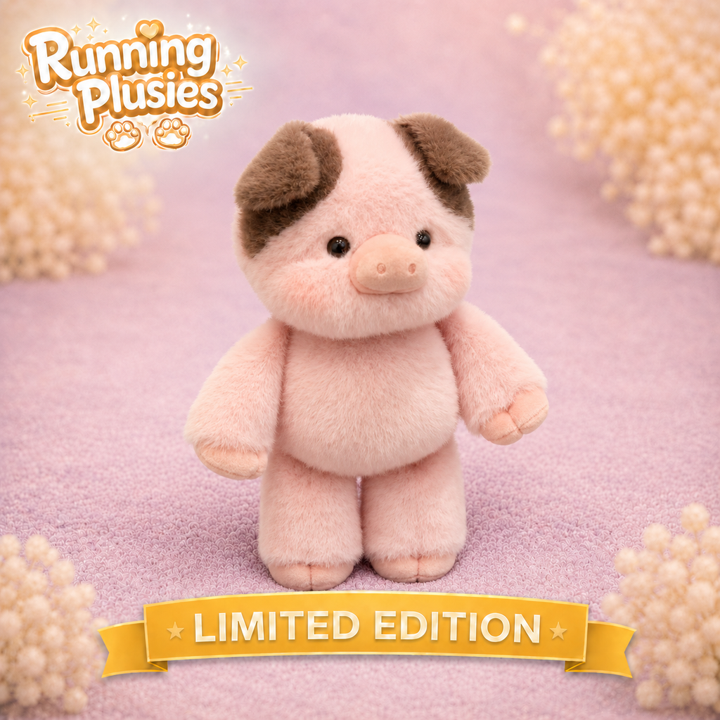 A pink plush pig toy with brown ears stands centered on a soft lavender surface, surrounded by decorative pearl-like floral props. The logo 'Running Plusies' appears in the top left, and a yellow ribbon at the bottom reads 'LIMITED EDITION'.