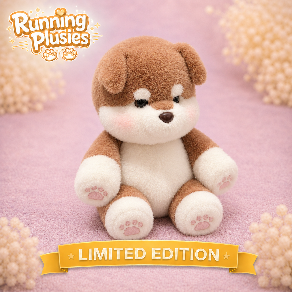 A plush puppy toy from Running Plusies sits centered on a soft pink surface with decorative floral props in the corners. The toy is brown and white with pink paw-print details on the paws and feet.