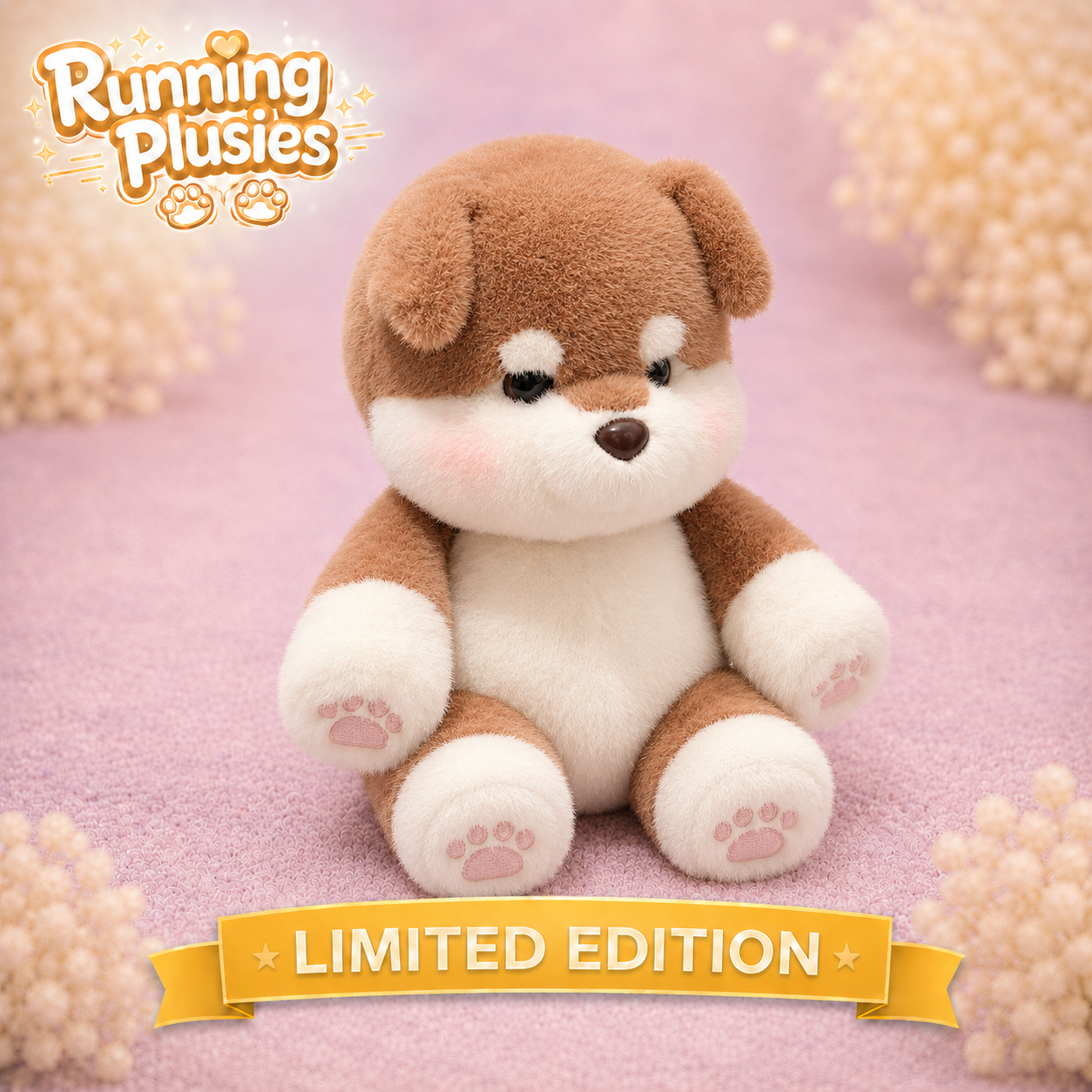 A plush puppy toy from Running Plusies sits centered on a soft pink surface with decorative floral props in the corners. The toy is brown and white with pink paw-print details on the paws and feet.