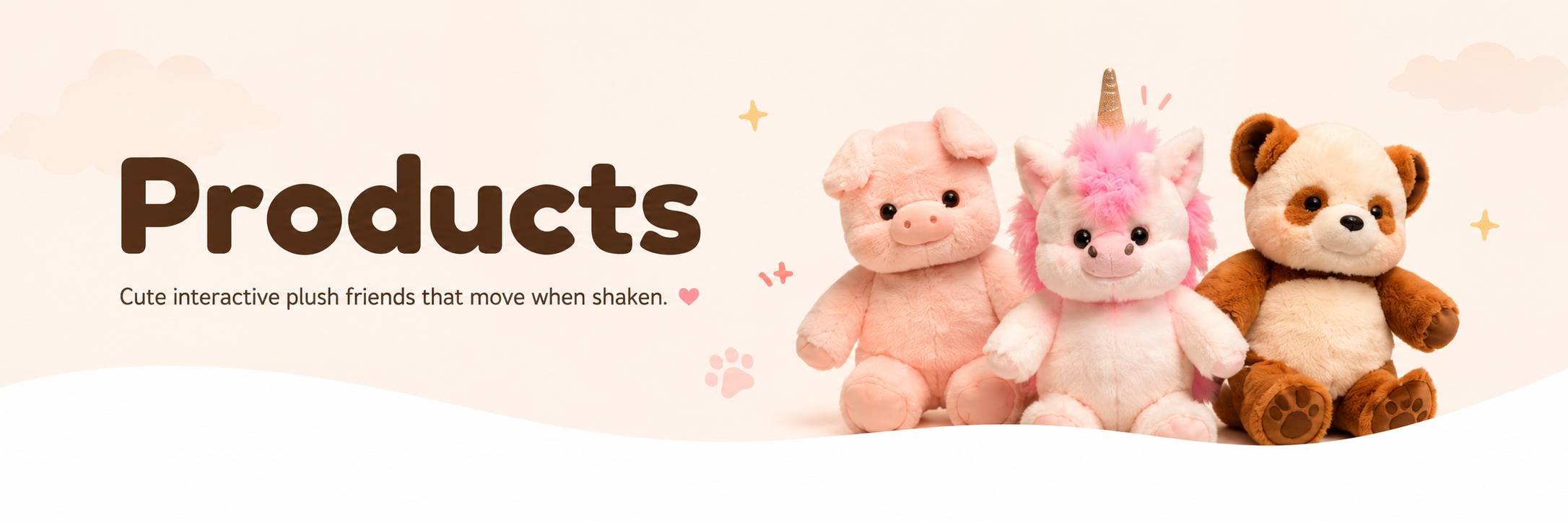 Three cute plush toys on a soft cream background with the word 'Products' and small decorative text. The toys include a pink pig, a pink-and-white unicorn, and a brown panda bear.